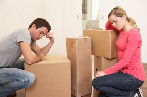 Movers carrying boxes near apartment buildings in Primrose Hill