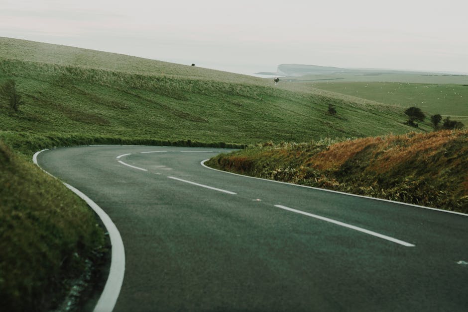 An empty winding road with white dashed center lines curves through rolling green countryside, featuring grassy hills on either side and sparse trees in the distance under an overcast sky. The scene is calm and natural, illustrating rural navigation potentially relevant to planning moving routes from Chalk Farm Road to NW1 flats as part of a home relocation or furniture transport process. The photograph emphasizes open space and scenic landscape, aligning with the logistics of efficient route planning for removals, a service offered by Man with Van Primrose Hill.