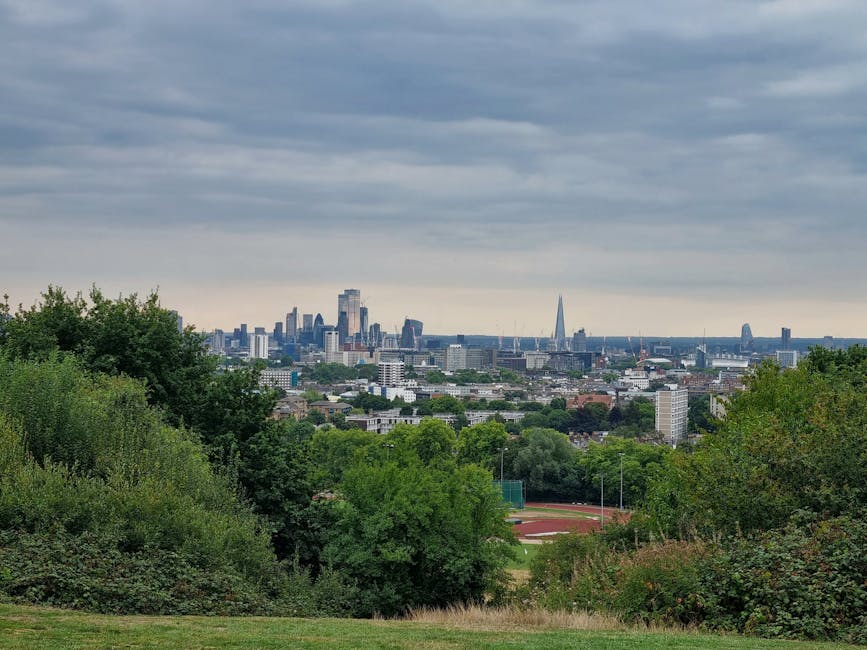 A view of the London skyline seen from a green, elevated area with trees and bushes in the foreground. The scene includes modern high-rise buildings, including the Shard, and various other skyscrapers under a cloudy sky. In the middle ground, there is a sports field with a red running track surrounded by grass. This outdoor environment is adjacent to the city and features natural greenery leading towards the urban landscape, which is associated with house removals and moving logistics, as provided by Man with Van Primrose Hill for clients handling last-minute tenancy end or flat clearance in Primrose Hill.